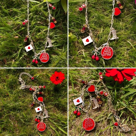 Gold toned dainty and fun Charm Necklace cherries, heart, boot and crystals - Picture 13 of 17